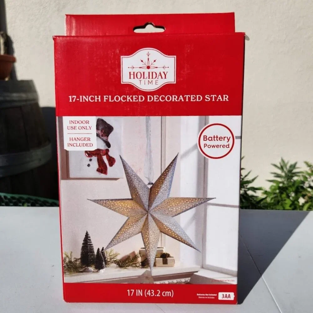 NEW Light Up Battery Operated Flocked Star Christmas Hanging Decoration Decor Ho